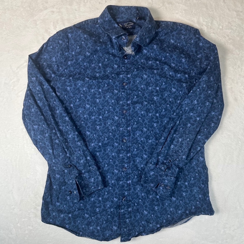 Original Penguin Mens Slim Fit Floral Button Down Shirt Navy Blue Long Sleeve M